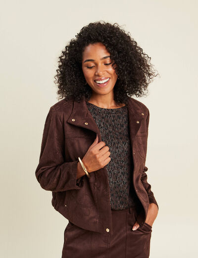 Veste col montant doubl&eacute;e marron fonc&eacute; femme