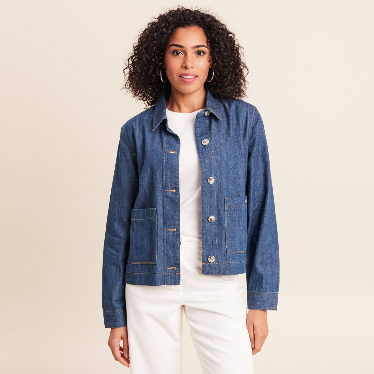 Veste courte droite manches longues denim stone femme
