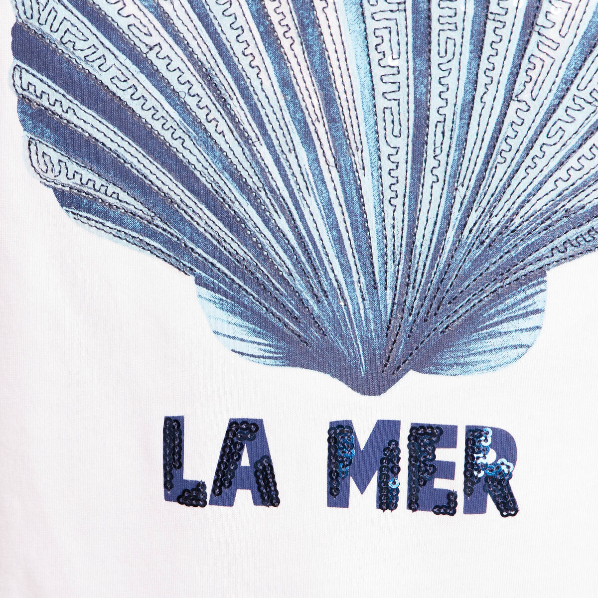T-shirt col rond manches courtes brod&eacute; blanc femme