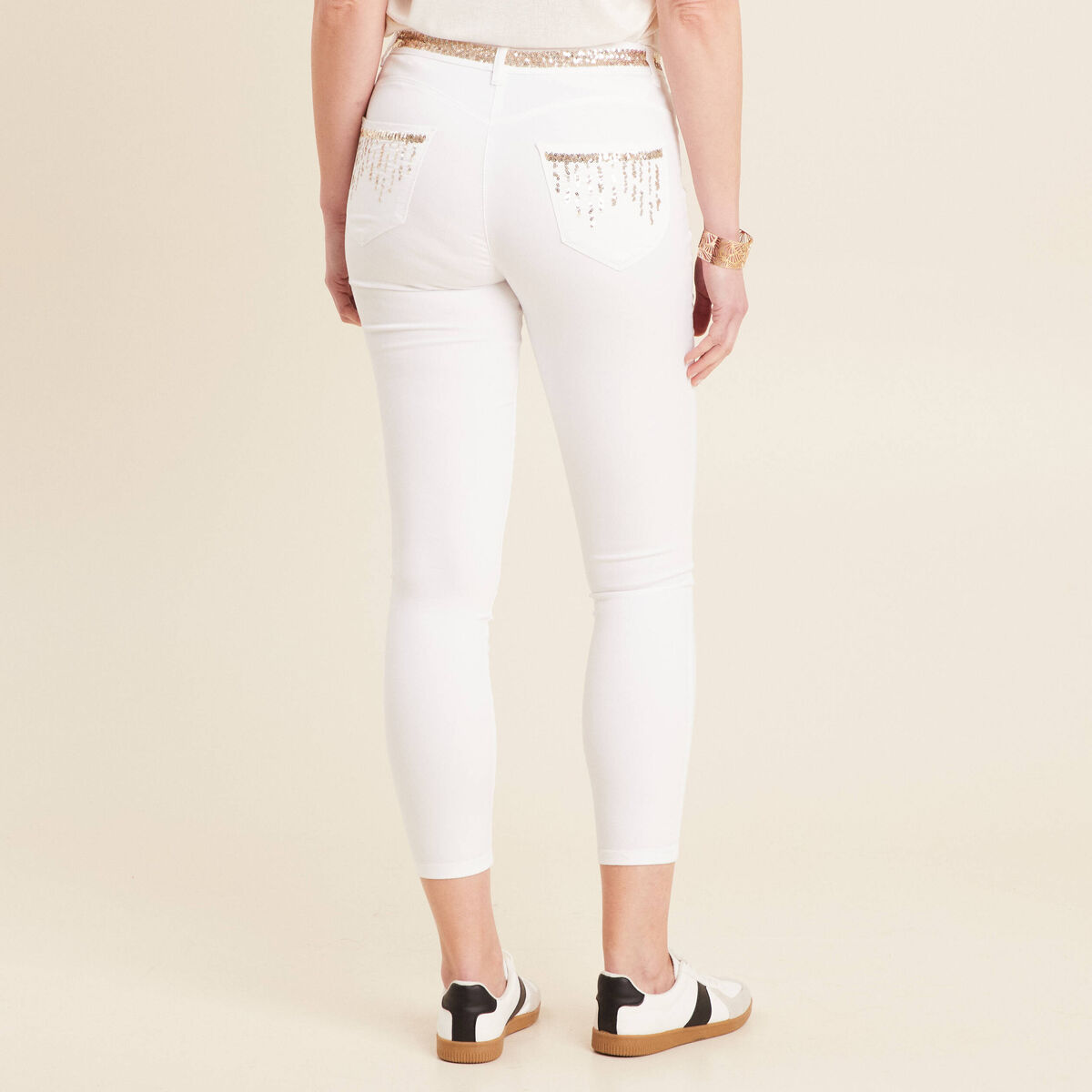 Pantalon ajusté sequins blanc femme