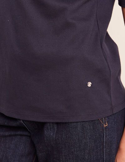 T-shirt ajust&eacute; col rond manches coudes bleu fonc&eacute; femme