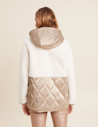 Manteau effet laine mouton &agrave; capuche ecru femme