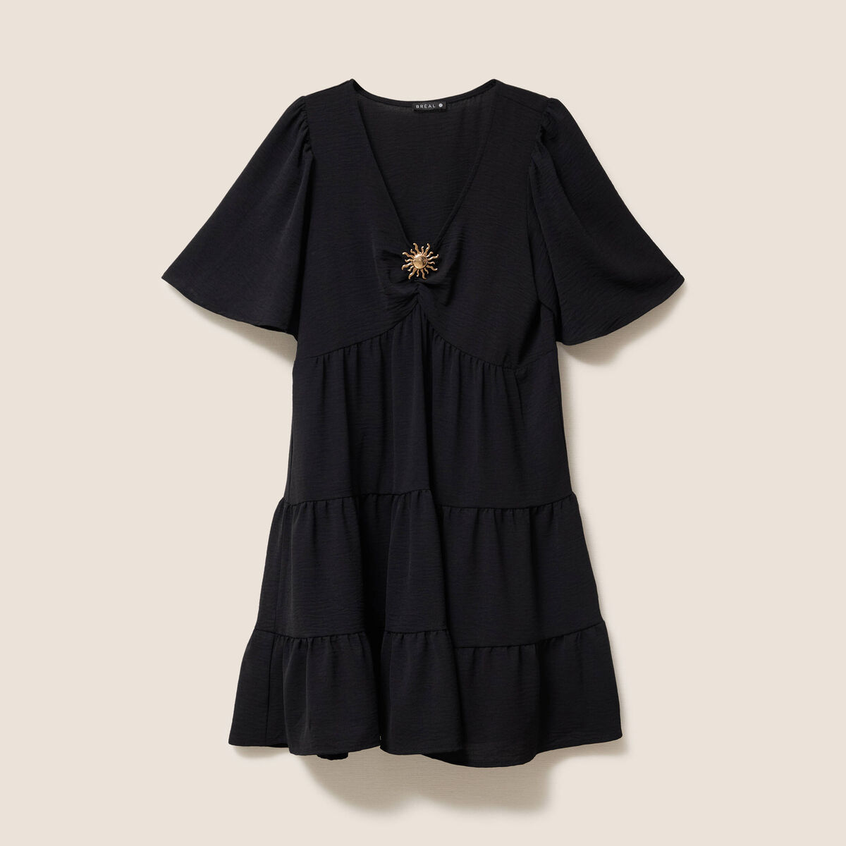 Robe courte &eacute;vas&eacute;e col v manches courtes noir femme