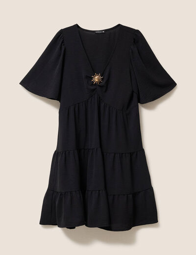 Robe courte &eacute;vas&eacute;e col v manches courtes noir femme