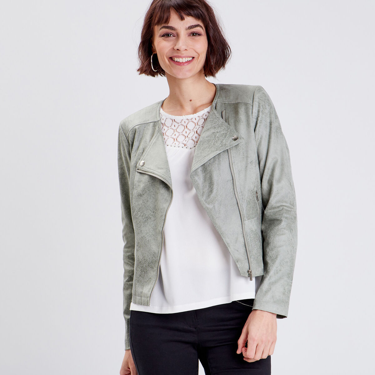 Veste droite zippée vert clair femme