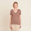 T-shirt manches courtes col en V marron cognac femme
