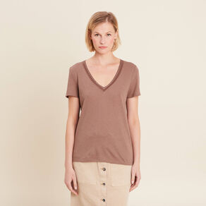 T-shirt manches courtes col en V marron cognac femme