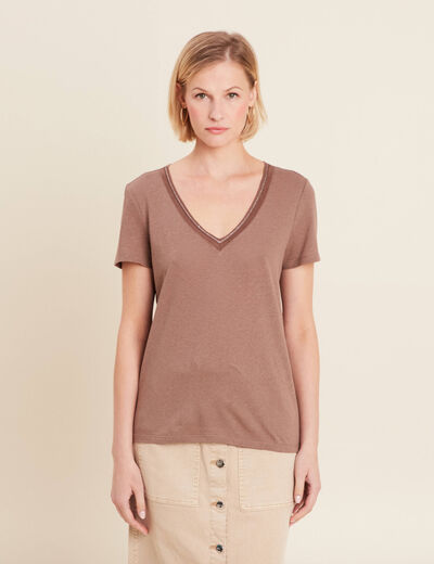 T-shirt manches courtes col en V marron cognac femme