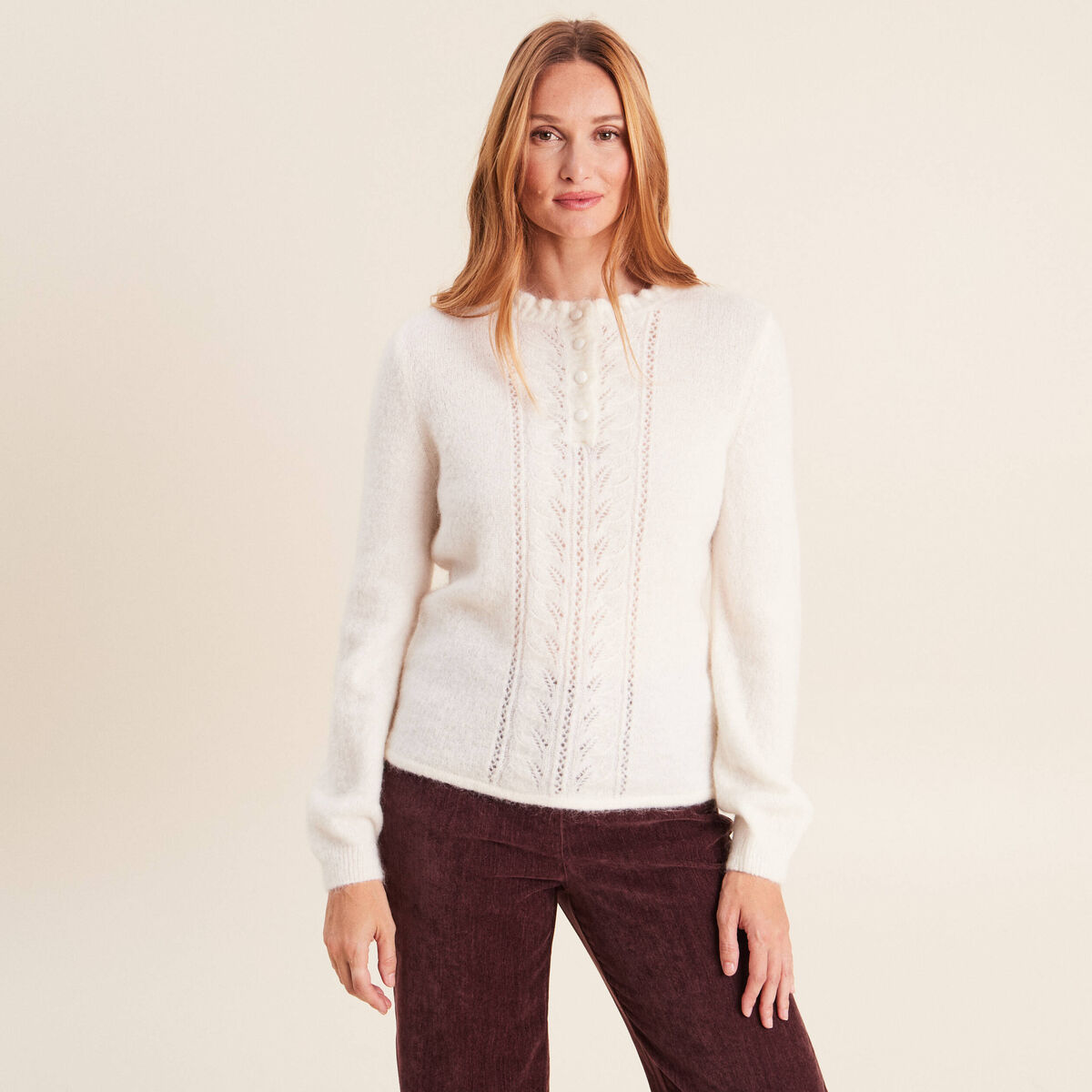 Pull col tunisien ecru femme
