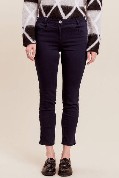 Jean ajusté 7/8ème avec bandes denim brut femme