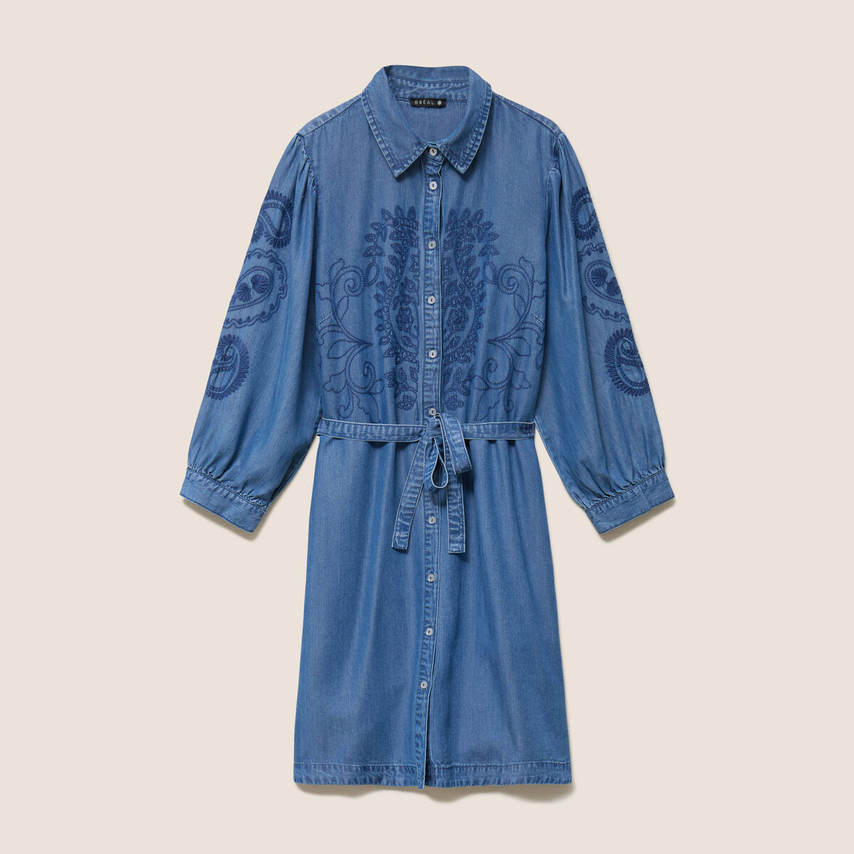 Robe courte &eacute;vas&eacute;e manches 3/4 brod&eacute;e denim double stone femme