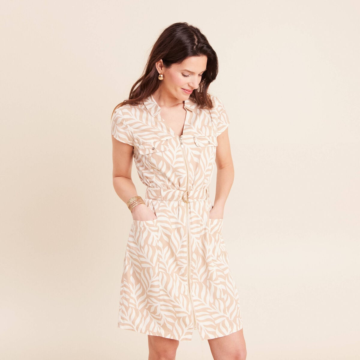 Robe droite zipp&eacute;e beige femme