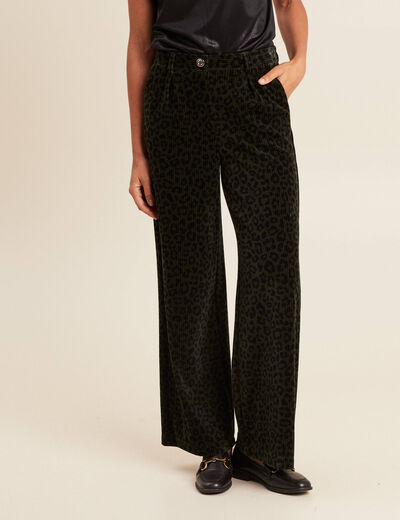 Pantalon large velours vert foncé femme
