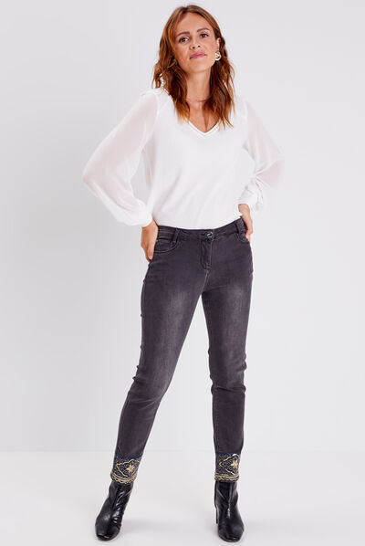 Jean ajusté avec sequins denim gris femme