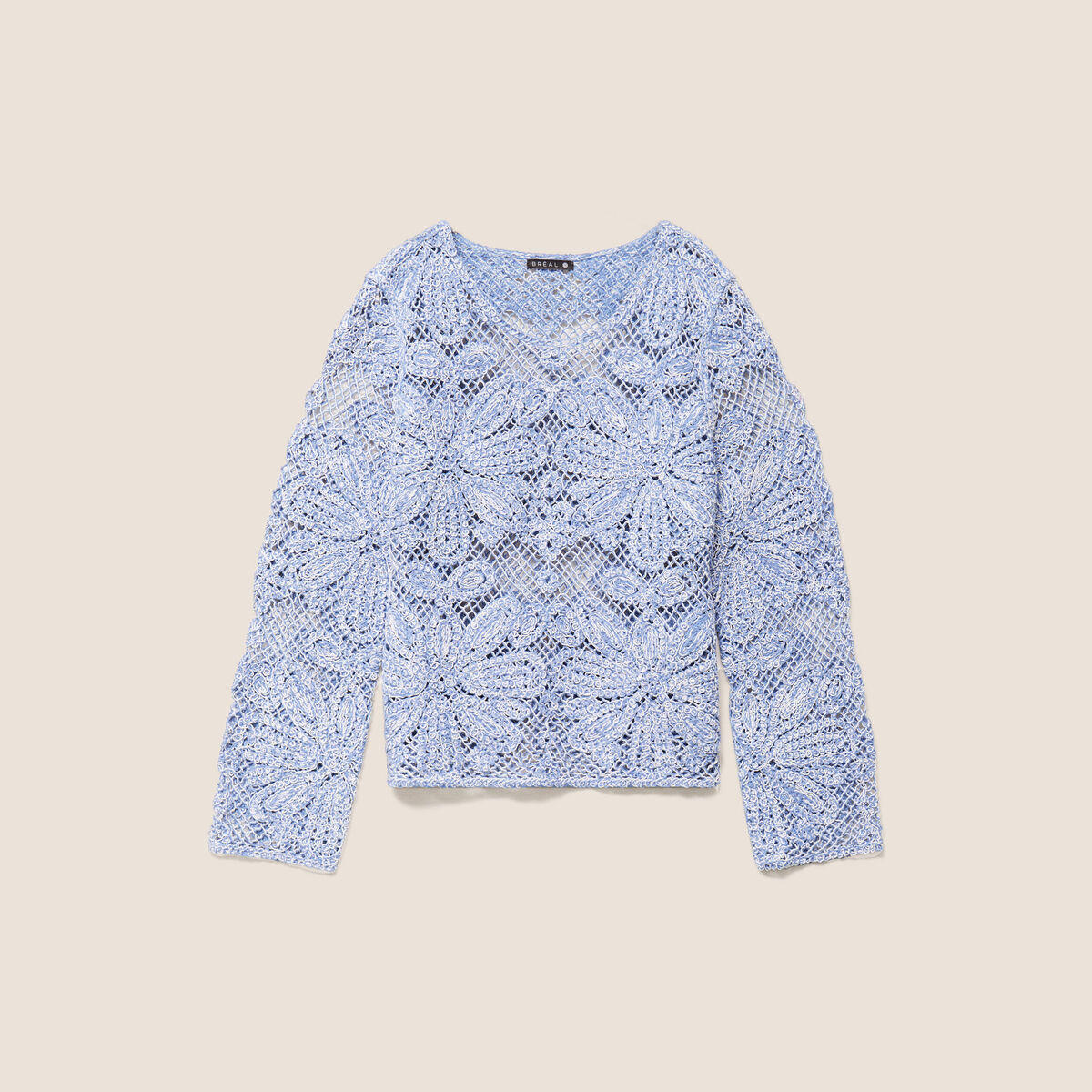 Pull manches longues aspect dentelle bleu ciel femme