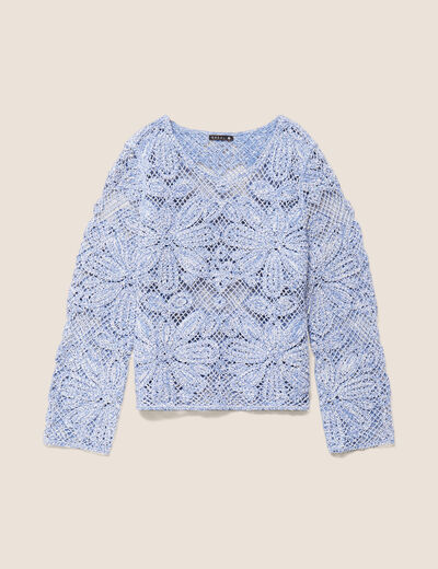 Pull manches longues aspect dentelle bleu ciel femme
