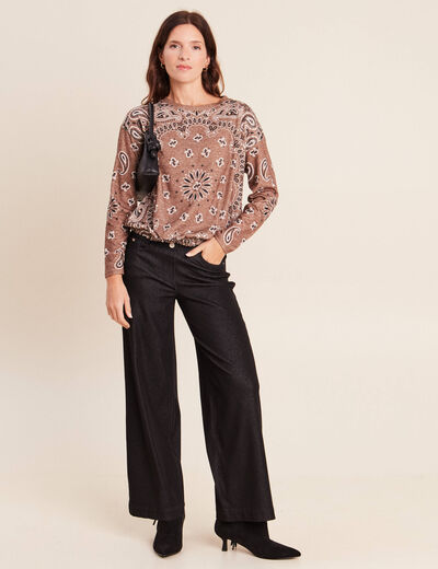 Pull col rond manches longues strass marron femme