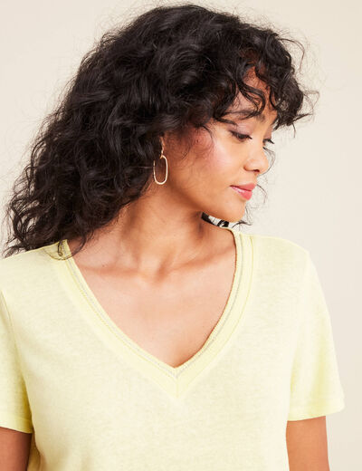 T-shirt manches courtes col en V jaune clair femme
