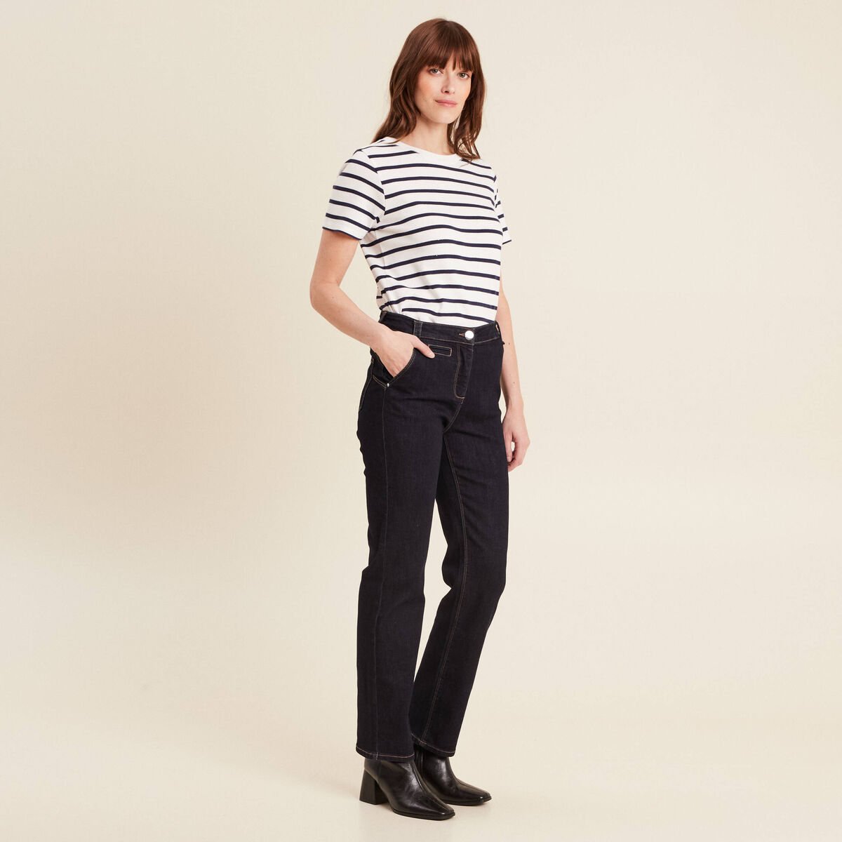 Jean droit taille haute long denim brut femme
