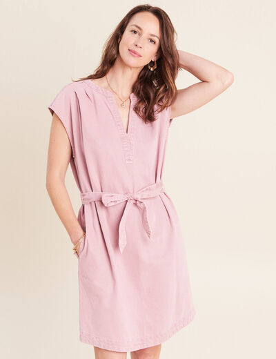 Robe courte ceintur&eacute;e col tunisien rose femme