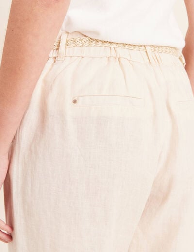 Pantalon coupe chino en lin ceintur&eacute; beige femme