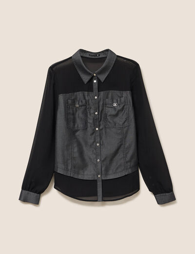 Chemise bi-mati&egrave;re manches longues denim gris femme