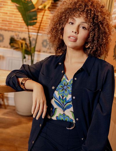 Veste cintrée boutonnée bleu foncé femme