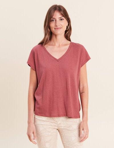T-shirt col v manches courtes aspect lin vieux rose femme