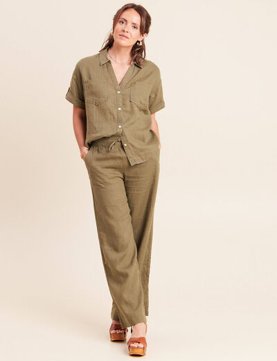 Chemise ample manches courtes aspect lin vert kaki femme