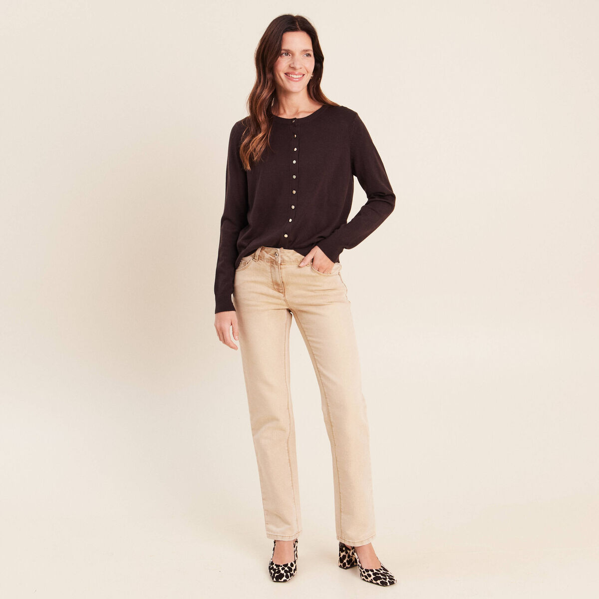 Gilet manches longues col rond marron fonc&eacute; femme