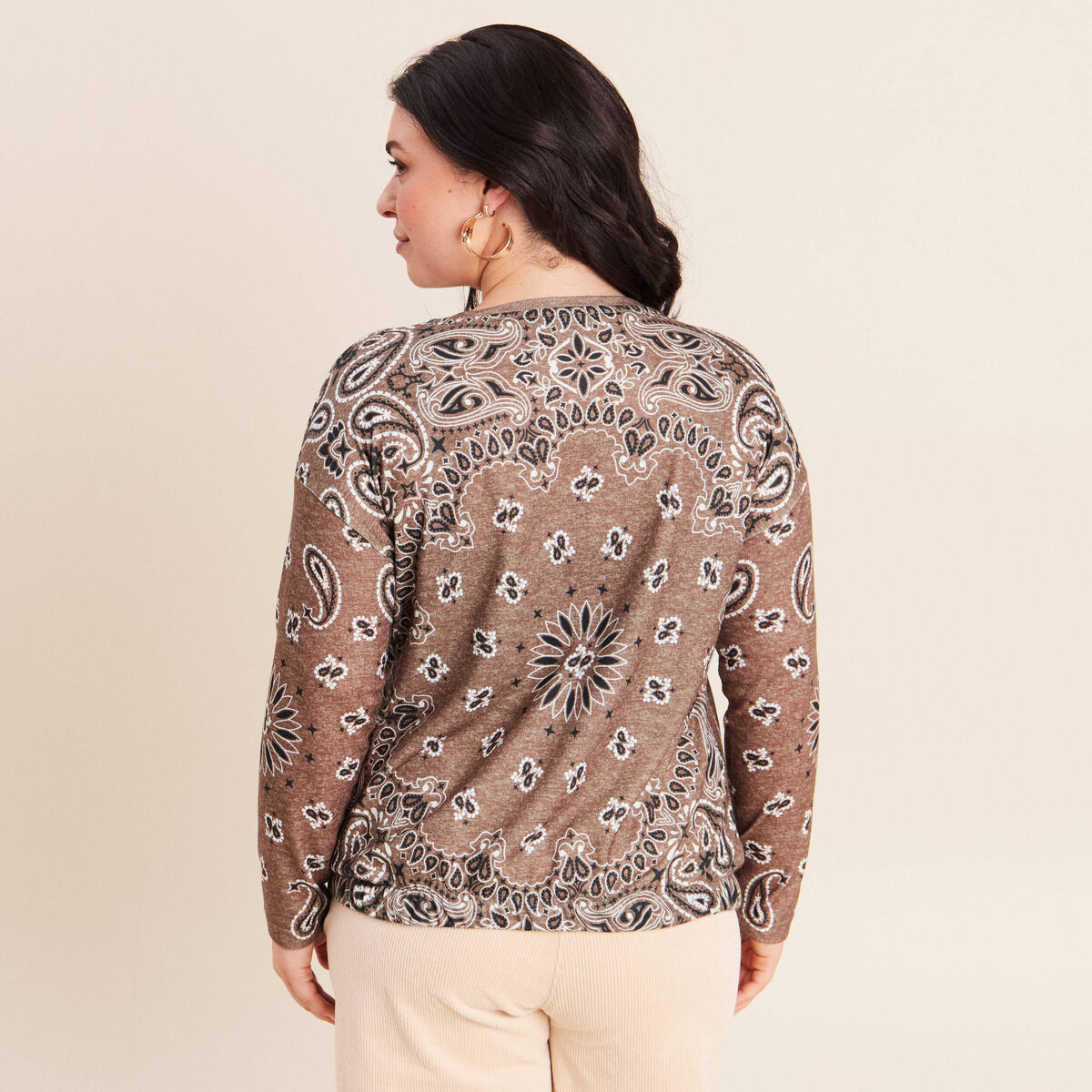 Pull col rond manches longues strass marron femme