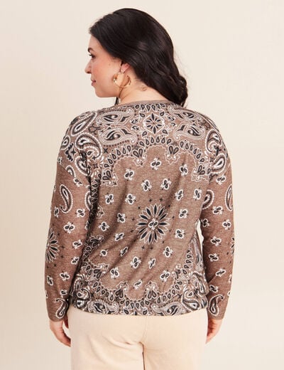 Pull col rond manches longues strass marron femme