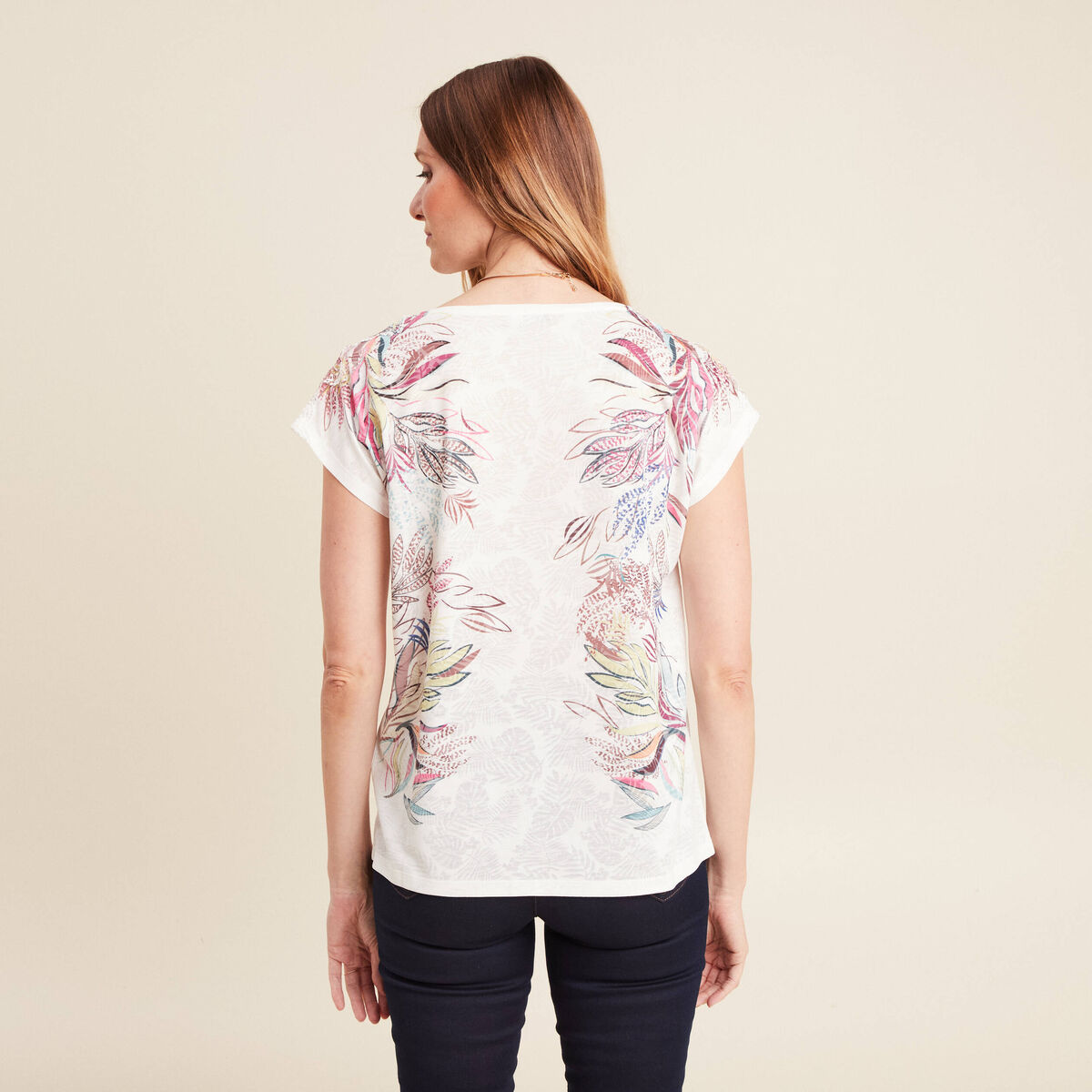 T-shirt col rond manches courtes ecru femme