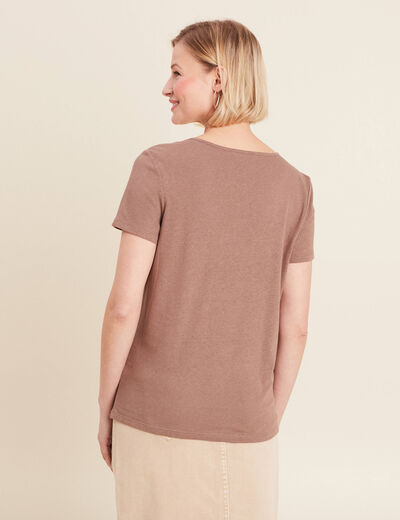 T-shirt manches courtes col en V marron cognac femme