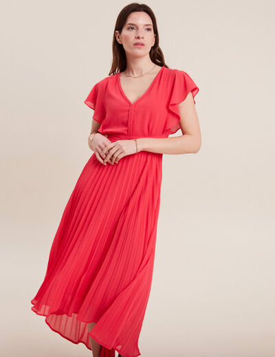 Robe longue évasée plissée rose cerise femme