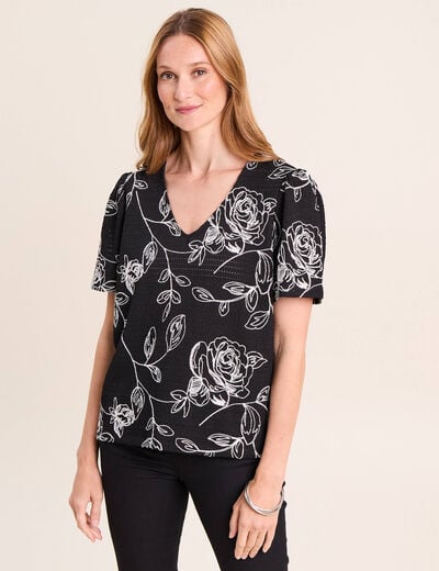 T-shirt col v manches courtes noir femme