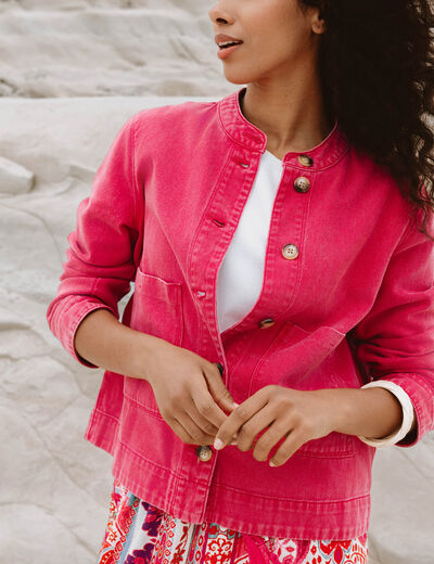 Veste ample courte en jean rose fushia femme