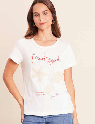 T-shirt col rond manches courtes ecru femme