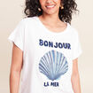 T-shirt col rond manches courtes brod&eacute; blanc femme