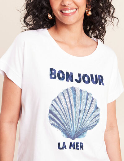 T-shirt col rond manches courtes brod&eacute; blanc femme