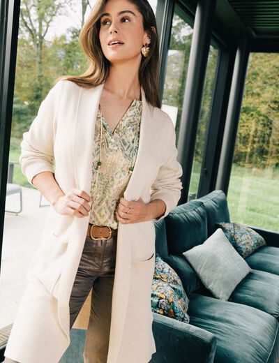 Gilet long manches longues creme femme