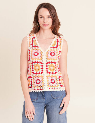 Gilet macram&eacute; col v sans manches ecru femme
