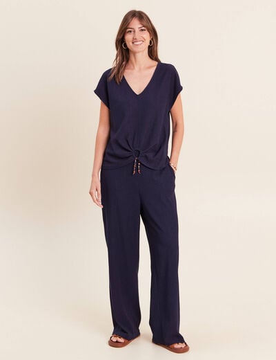 Pantalon large taille haute fluide bleu marine femme