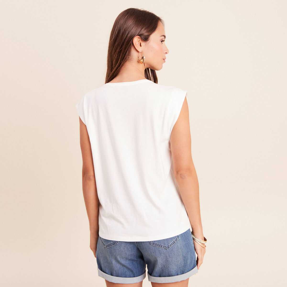 T-shirt col rond sans manches ecru femme