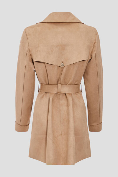 Trench droit effet suédine marron femme