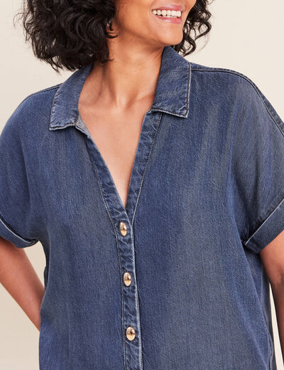 Chemise col chemise manches courtes denim double stone femme