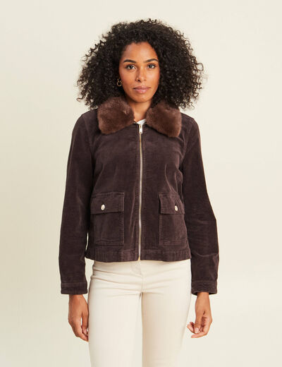 Blouson droit velours manches longues marron fonc&eacute; femme