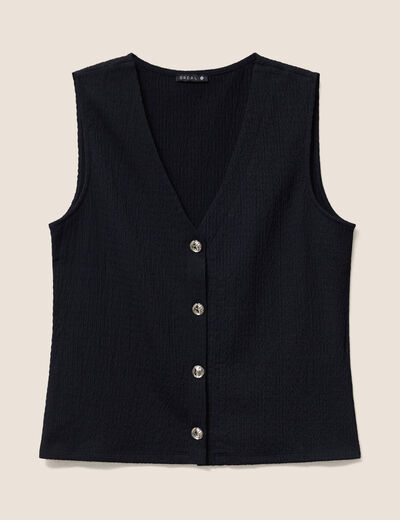 Gilet droit sans manches col v pliss&eacute; noir femme