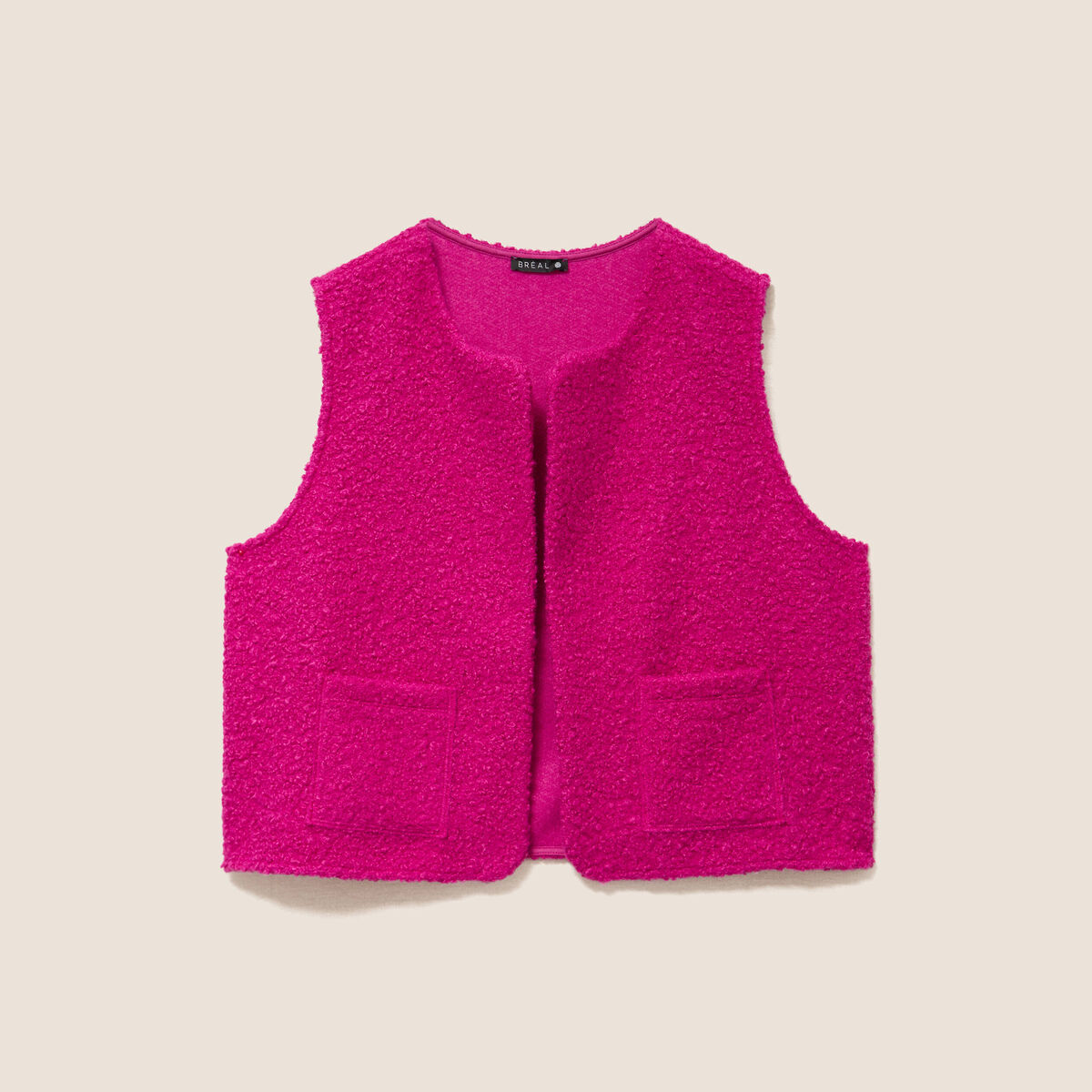 Gilet sans manches bouclette poches rose fushia femme