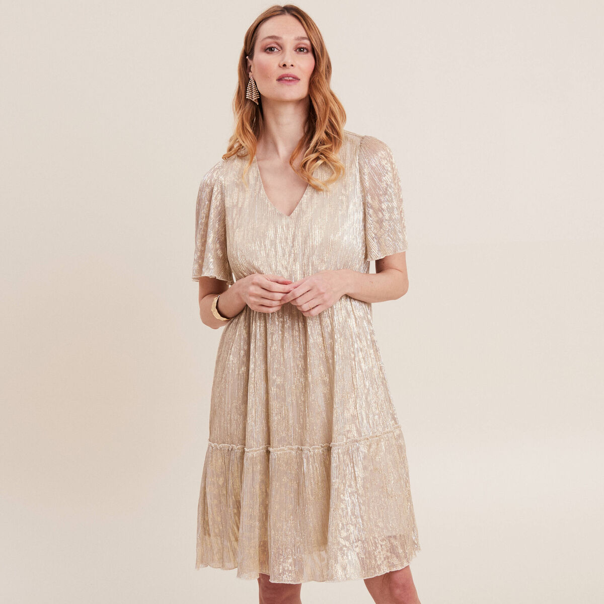 Robe droite fils métallisés couleur or femme